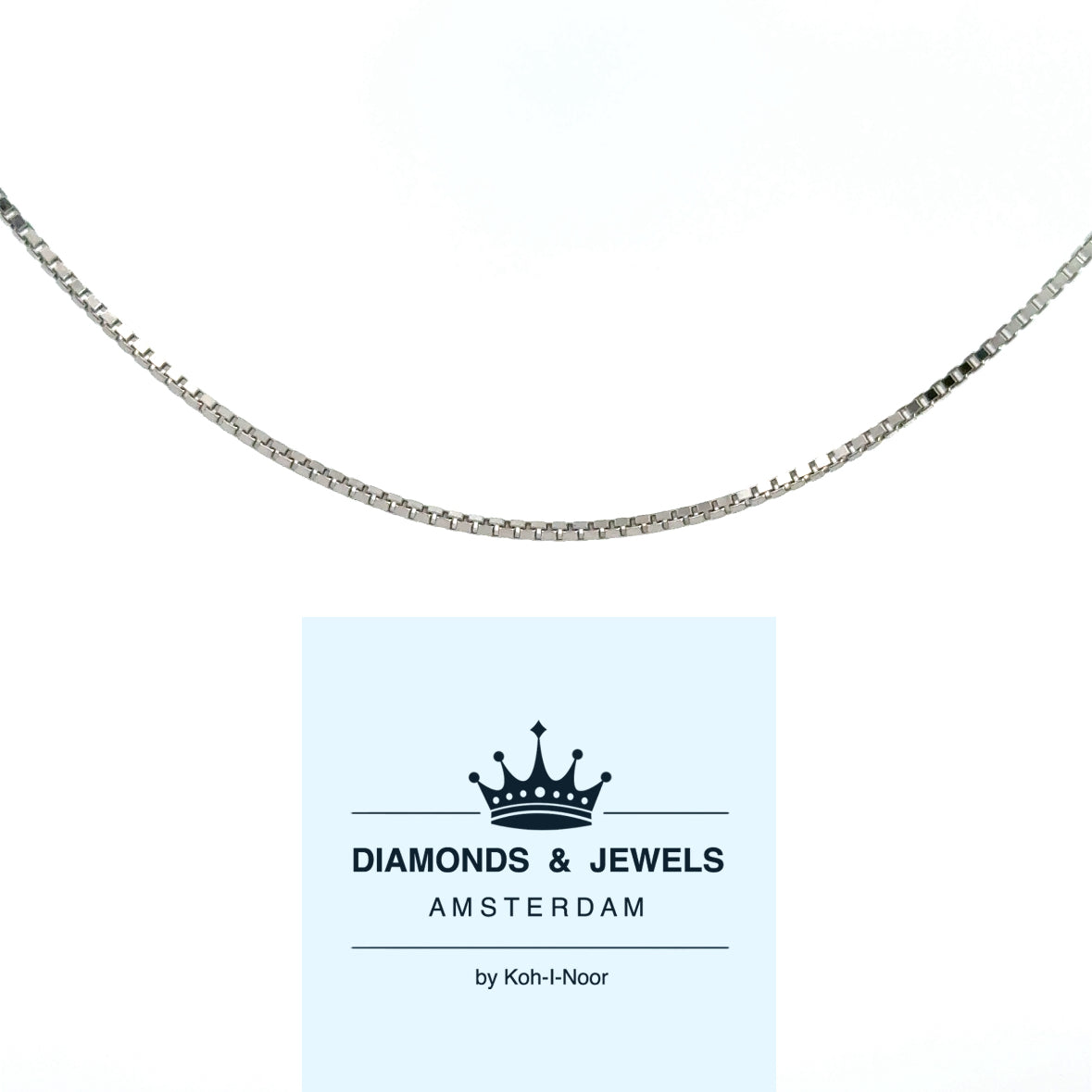 14 karaat wit gouden ketting van 5.5 gram. Met vierkante venetiaanse schakels. Lengte: 50 cm Dikte: 1.3 mm