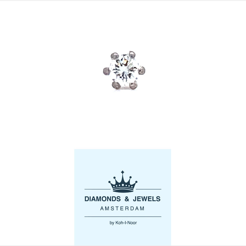14 karaat witgouden oorknop met 6 pootszetting. Bezet met 1 briljant geslepen diamant van 0.07 crt Kleur: Top Wesselton Kwaliteit: VS Zetting: Ø 4 mm Hoogte zetting: 3 mm Model O 3945