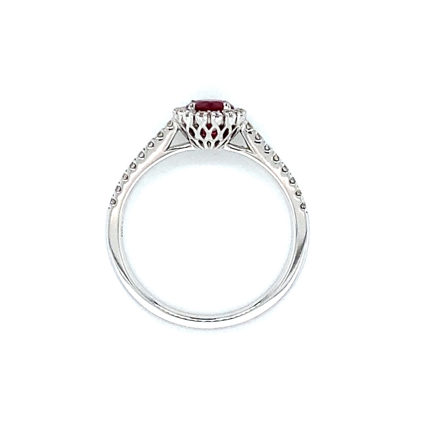 18 karaat witgouden rozet ring, bezet met 1 robijn van 0.51 crt die omringd is door kleinere briljant geslepen diamanten, die ook doorlopen in de ringband. De 32 diamanten hebben een totaalgewicht van 0.27 crt, kleur top wesselton kwaliteit vs model R 8946