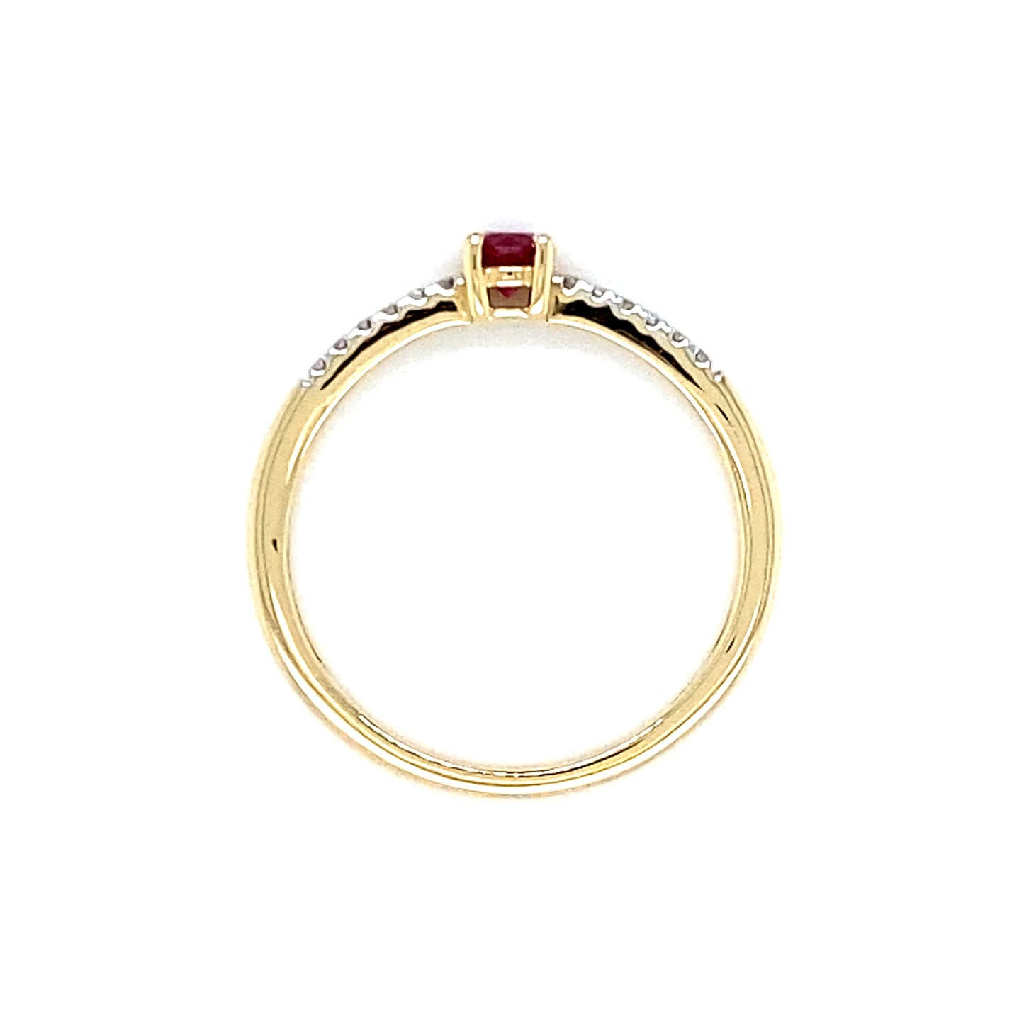 Geel gouden solitair pavé ring bezet met 12 briljant geslepen diamanten met een totaalgewicht van 0.06 crt kleur h kwaliteit si1 en 1 robijn van 0.24 crt breedte ringscheen 1.6 mm model R 9101 €430