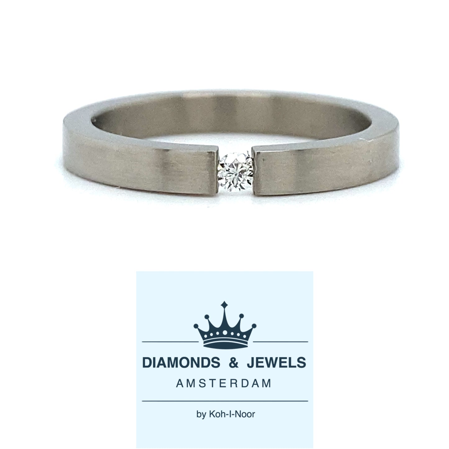titanium spanningring 3mm bezet met 1 briljant geslepen diamant van 0.05crt kleur top wesselton kwaliteit vs 3mm €169