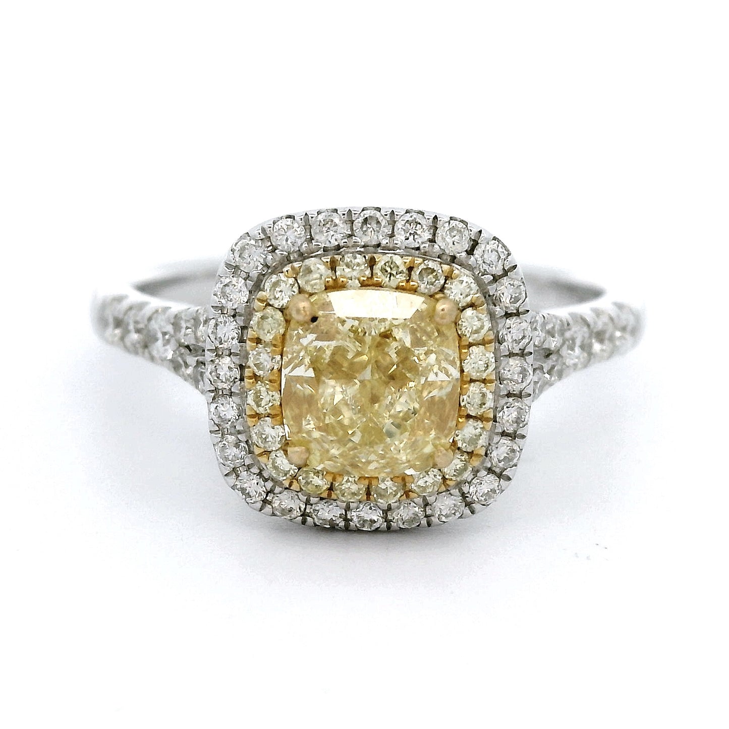White en Yellow golden double halo row ring Yellow Cushion CM 1114