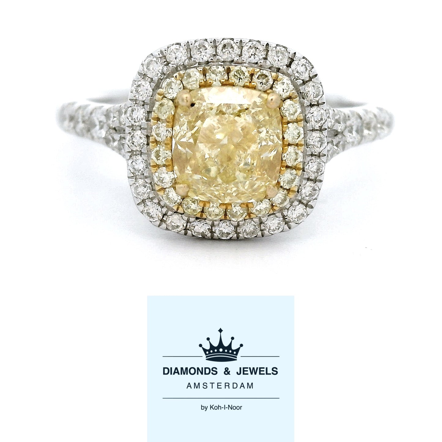 White en Yellow golden double halo row ring Yellow Cushion CM 1114