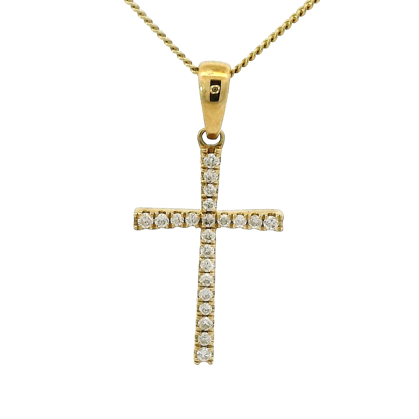 18 karaat geel gouden kruishanger. Bezet met 22 briljant geslepen diamanten met een totaalgewicht van 0.10 crt. Kleur: G Zuiverheid: VS Hanger: 22 x 10 mm