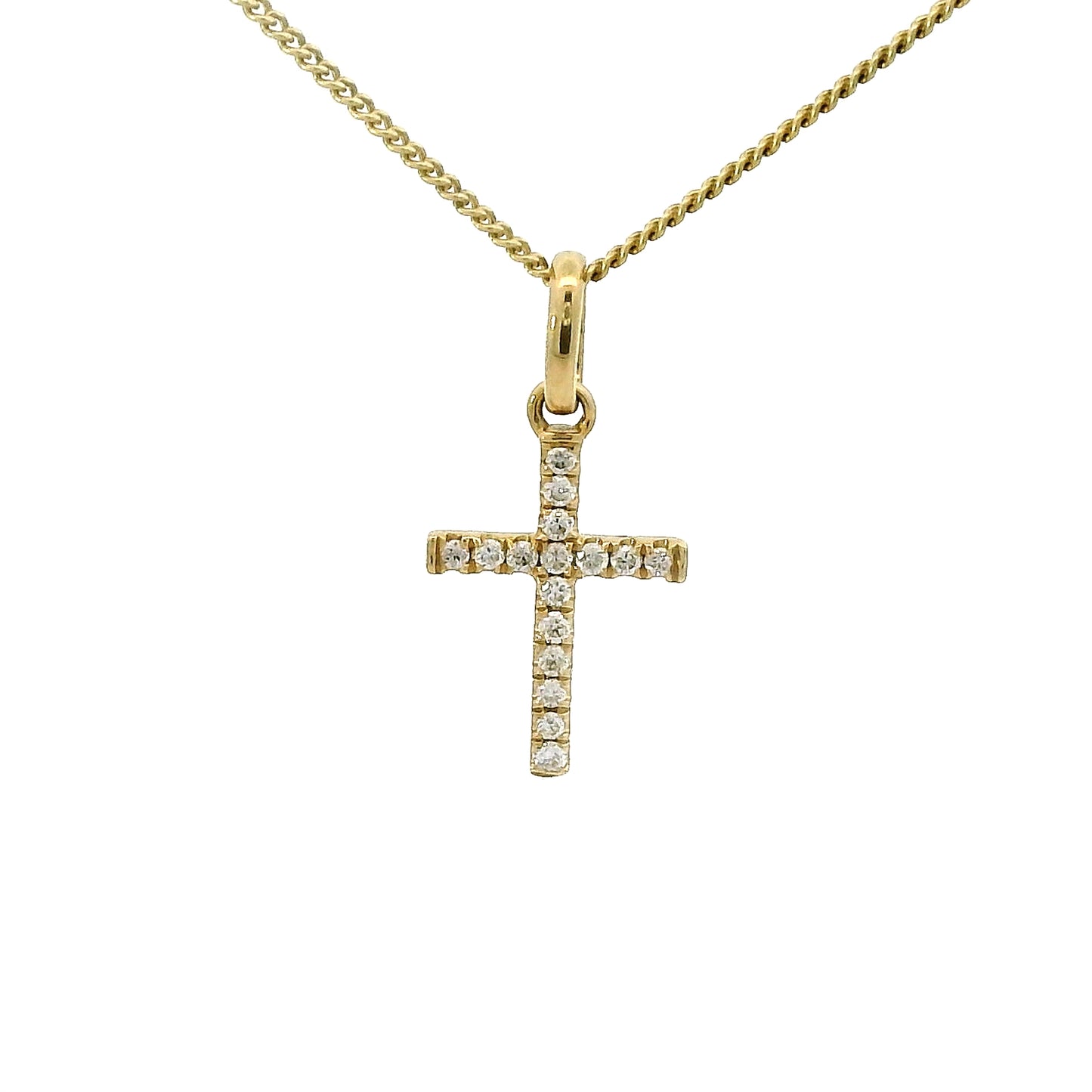 18 geel gouden kruis hanger. Bezet met 16 briljant geslepen diamanten met een totaalgewicht van 0.05 crt Kleur: G Zuiverheid: VS Hanger: 15 x 7 mm