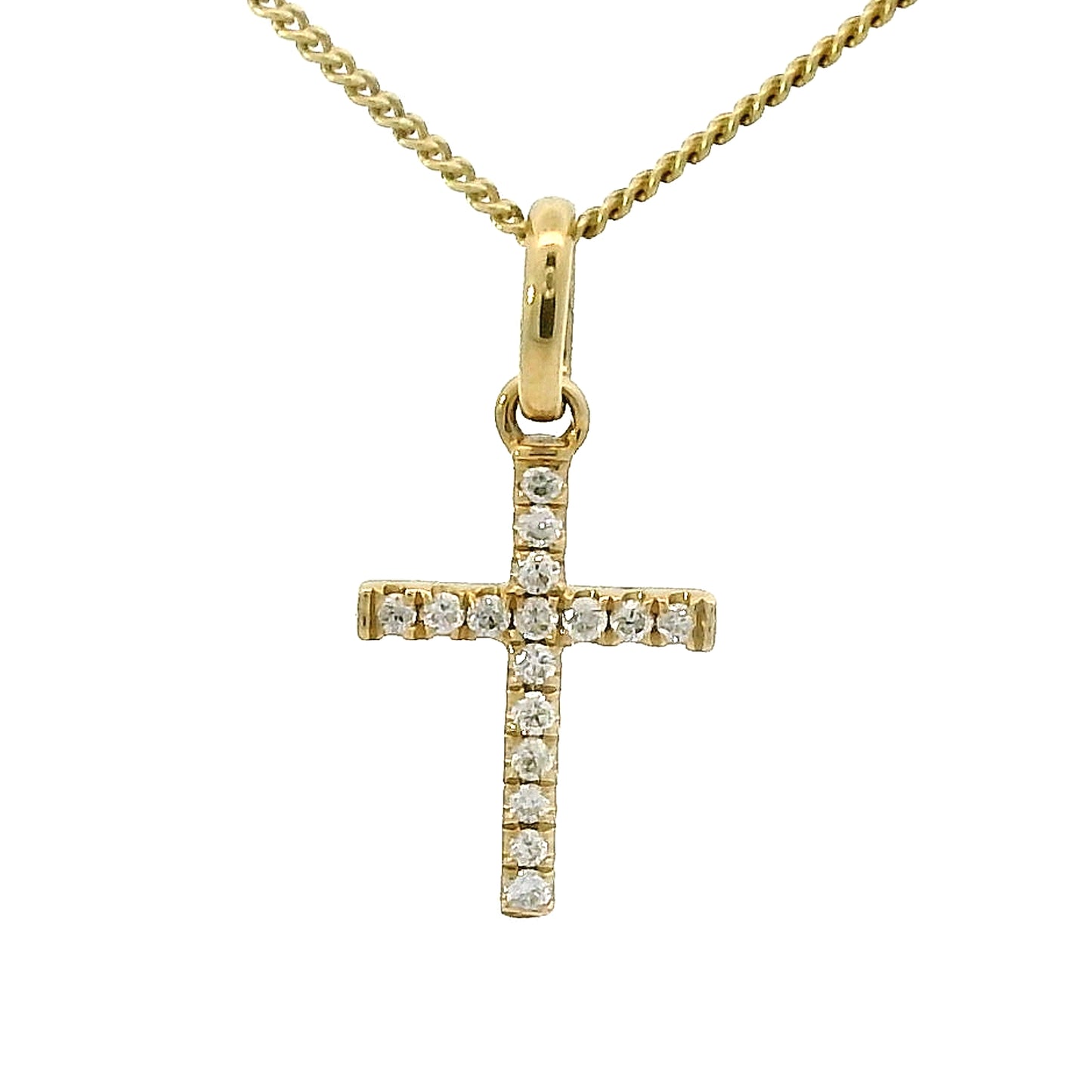 18 geel gouden kruis hanger. Bezet met 16 briljant geslepen diamanten met een totaalgewicht van 0.05 crt Kleur: G Zuiverheid: VS Hanger: 15 x 7 mm