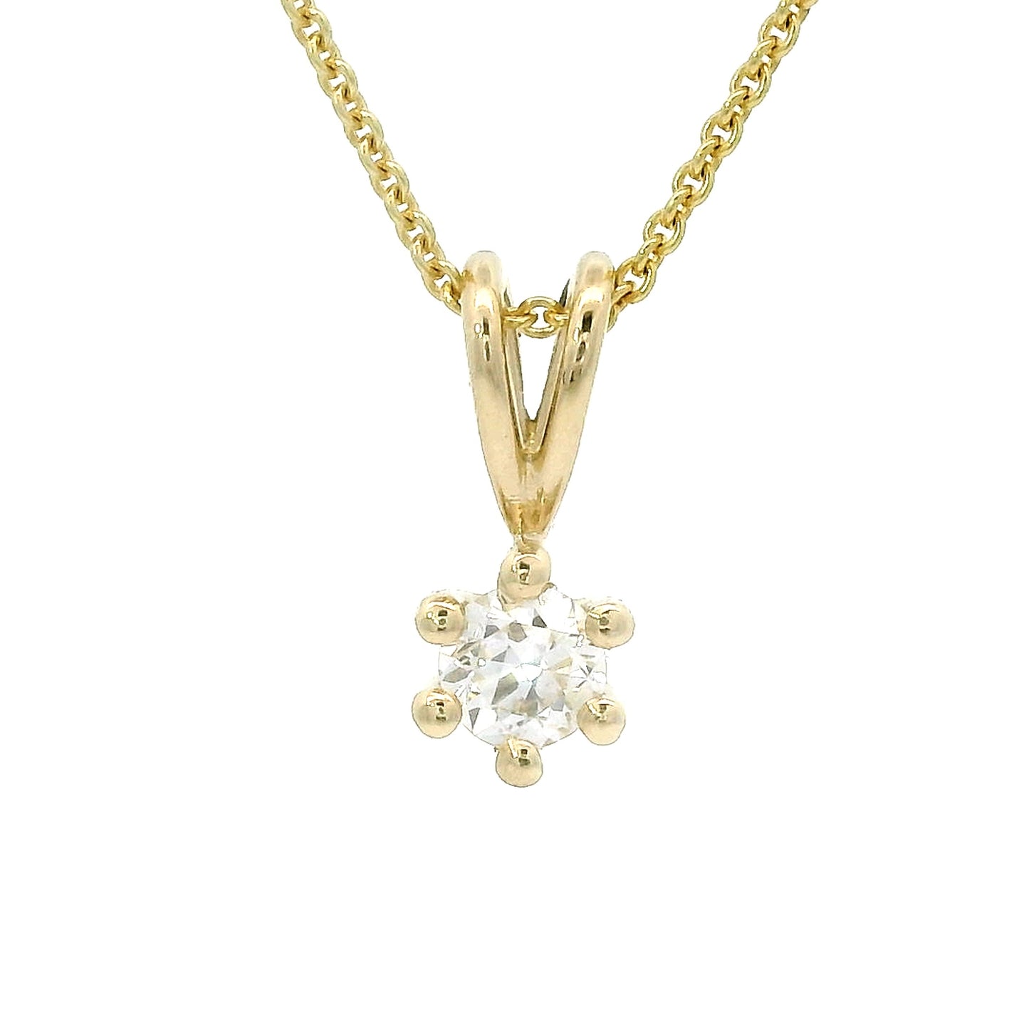 14 karaat geel gouden solitair hanger met 6-pootszetting. Bezet met 1 briljant geslepen diamant van 0.08 crt Kleur: G Zuiverheid: VS1 Hanger: 8 x 3.5mm Zetting: Ø 3.5 mm