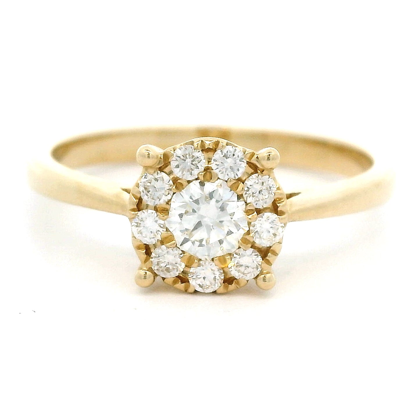 14 karaat geel gouden rozet ring van 1 tot 2 mm breed. Bezet met 1 briljant geslepen diamant van 0.24 crt en 9 kleinere briljant geslepen diamanten met een totaalgewicht van 0.17 crt Kleur: G Zuiverheid: VS2 Zetting: 8 mm