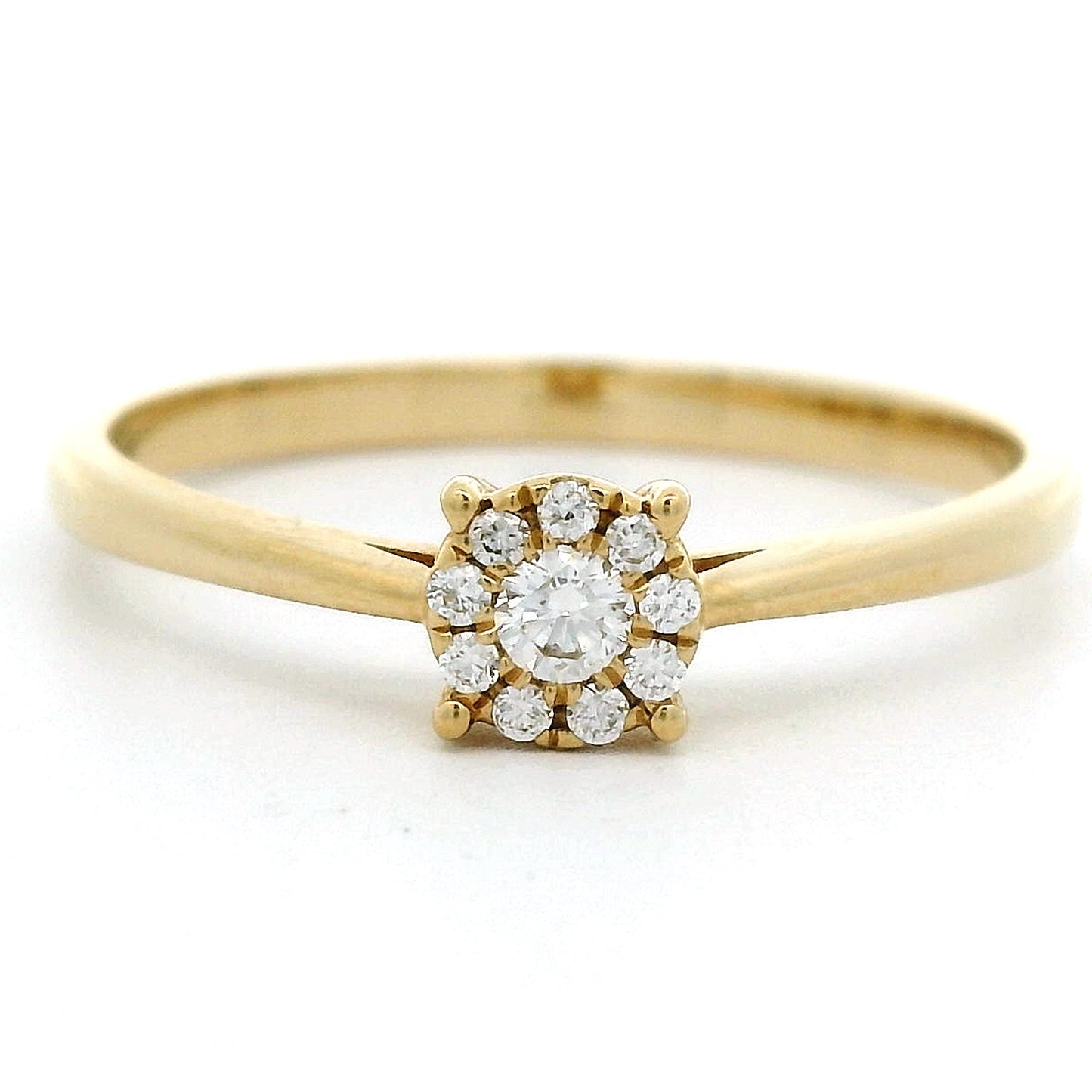 18 karaat geel gouden rozet ring met invisible zetting. bezet met 10 briljant geslepen diamanten met een totaalgewicht van 0.0 crt Kleur: G Zuiverheid: VS Zetting: 5 mm 