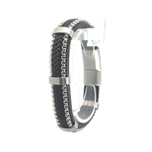 Laden Sie das Bild in den Galerie-Viewer, Stainless steel met zwart leren heren armband. Lengte: 19.5 cm Breedte: 1.5 cm Dikte: 9mm Model: A692
