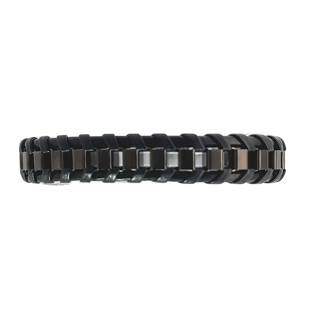 Brede herenarmband van zwart stainless steel en zwart leer. Lengte: 20.5 cm Breedte: 1.3 cm Dikte: 1 cm