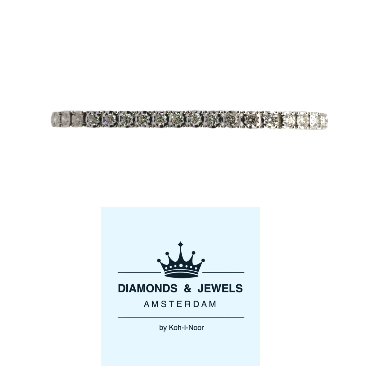 Tennisarmband vna 18 karaat wit goud bezet met 43 briljant geslepen diamanten met een totaalgewicht van 3.42 crt. Kleur: G Kwaliteit: VS2 Lengte: 18 cm Breedte: 0.4 cm Dikte: 0.3 cm Model: A 705