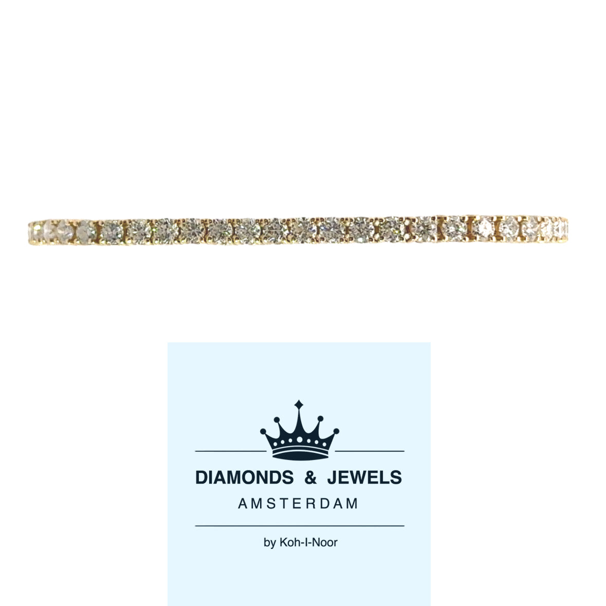 14 karaat geel gouden tennisarmband van 10 gram. Bezet met 52 briljant geslepen diamanten met een totaalgewicht van 7.04 crt. Kleur: G Kwaliteit: SI1 Lengte: 19 cm Breedte: 4 mm Dikte: 3 mm