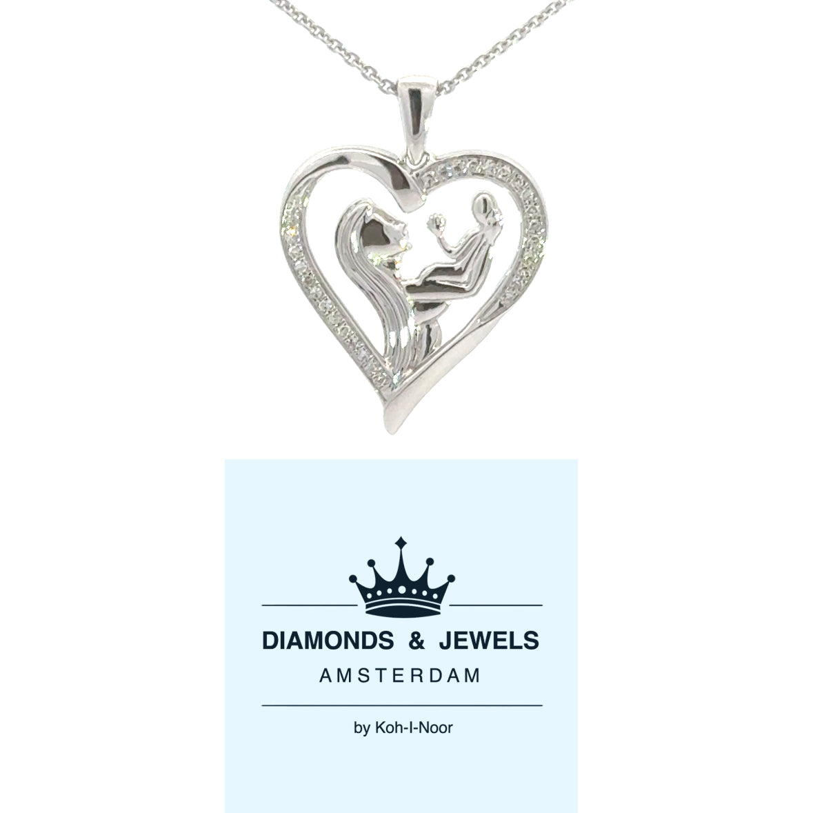 14 karaat wit gouden moeder en kind hanger van 2.9 gram. Bezet met 29 diamanten met een totaalgewicht van 0.10 crt Kleur: H Kwaliteit: SI Afmeting: 26.5x19mm Model: H 2257