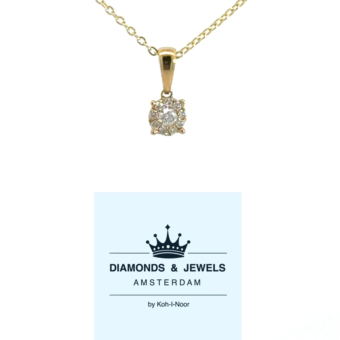 14 karaat geel gouden hanger van 0.31 gram met een Invisible zetting. Bezet met 10 briljant geslepen diamanten mete totaalgewicht van 0.10 crt. Kleur: G Kwaliteit: VS2 Hanger: 10x5mm Model: H 2356