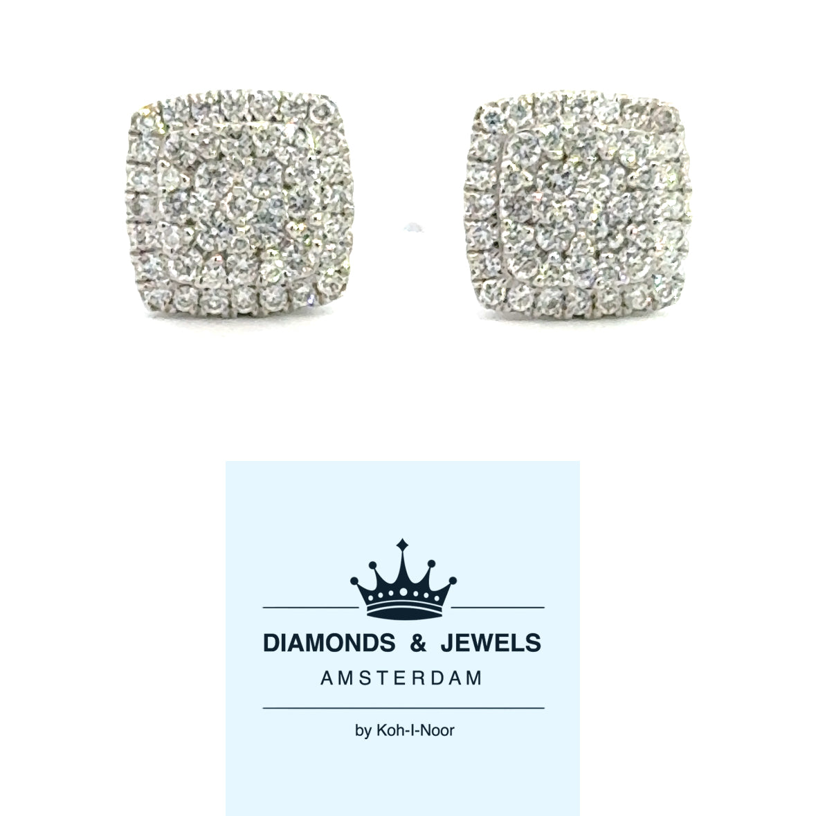 18 kt wit gouden vierkante rozet oorknoppen bezet met briljant geslepen diamanten met een totaalgewicht van 1.00 crt. Kleur: Top Wesselton Kwaliteit: VS 13 x 13 mm