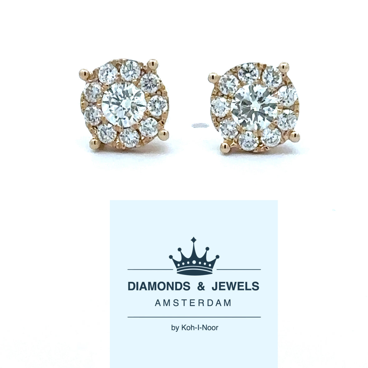14 karaat geel gouden oorbellen bezet met 2 briljant geslepen diamanten met een totaalgewicht van 0.48 crt en 18 briljant geslepen diamanten met een totaalgewicht van 0.41 crt Kleur: Top Wesselton Kwaliteit: VS2 Ø:9.5 mm
