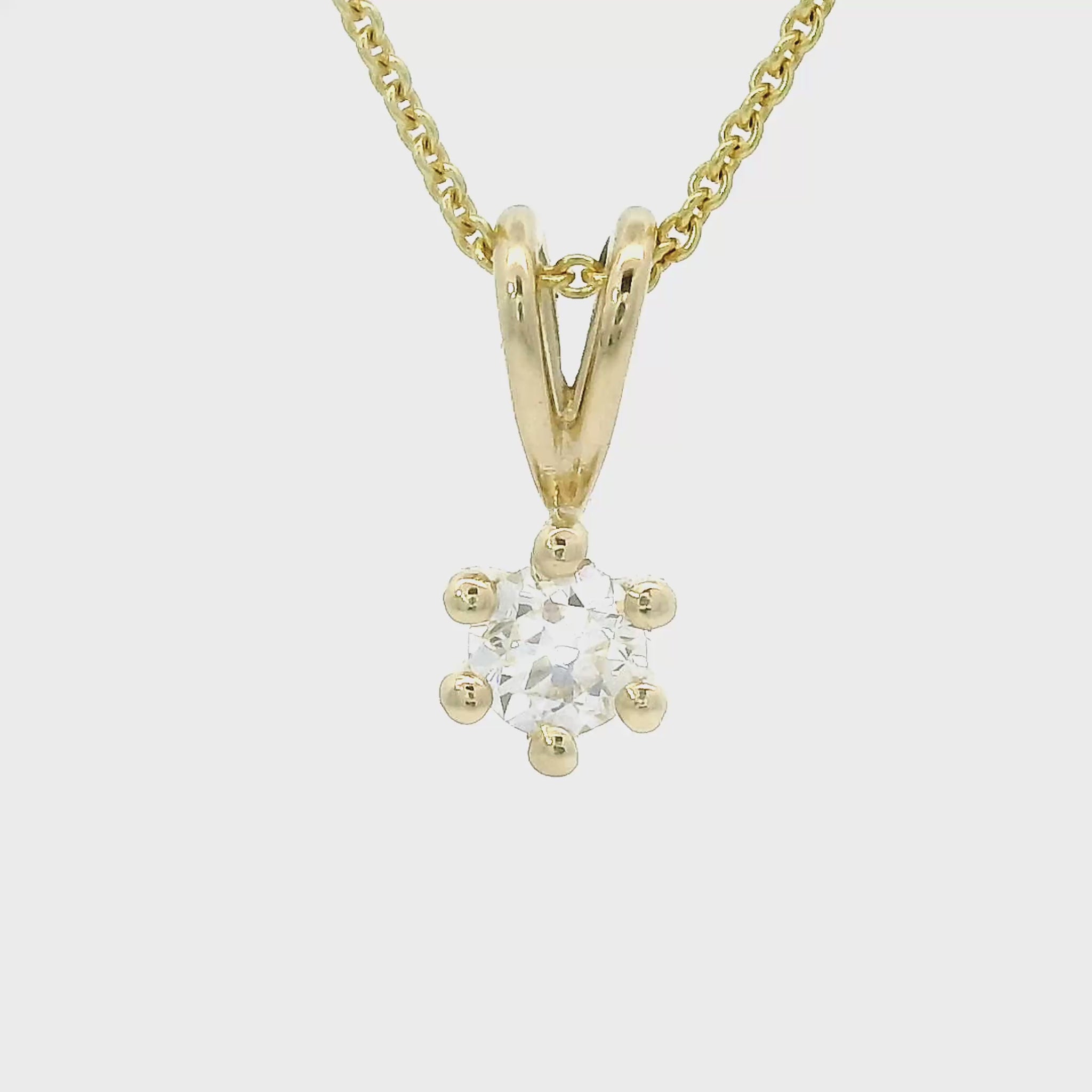14 karaat geel gouden solitair hanger met 6-pootszetting. Bezet met 1 briljant geslepen diamant van 0.08 crt Kleur: G Zuiverheid: VS1 Hanger: 8 x 3.5mm Zetting: Ø 3.5 mm