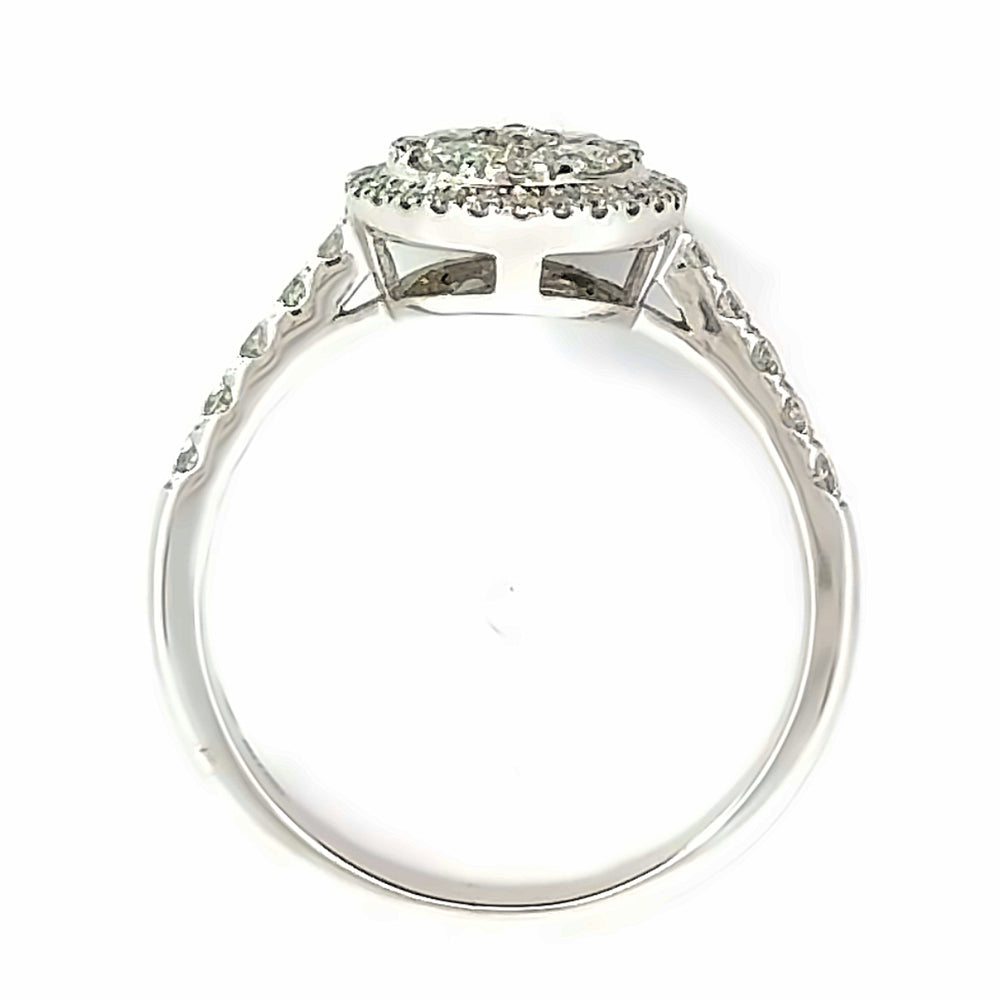 
                      
                        18 karaat witgouden ronde Halo ring van 3.31 gram en 3 tot 2 mm breed. Bezet met 4 briljant geslepen diamanten met een totaalgewicht van 0.28 crt en 41 briljant geslepen diamanten met een totaalgewicht van 0.32 crt. Kleur: Top Wesselton Kwaliteit: VS1 Zetting: 10 x 10 mm Model: R 10016
                      
                    