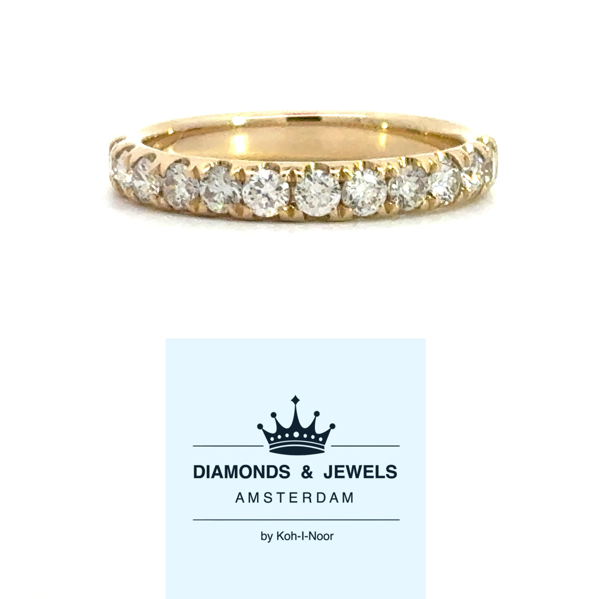 14 karaat geel gouden rijring van 2.74 gram en 3 mm beed. Bezet met 12 briljant geslepen diamanten met een totaalgewicht van 0.73 crt Kleur: Top Wesselton Kwaliteit: VS