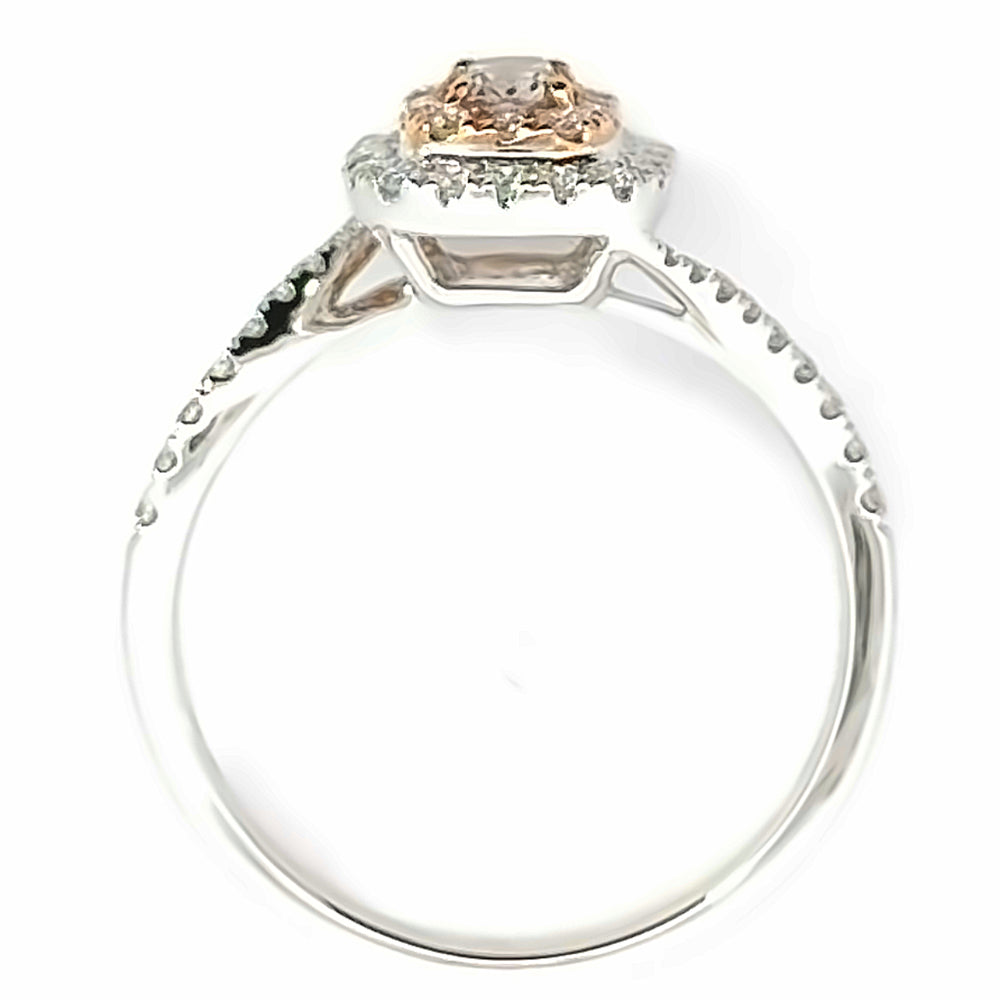 
                      
                        Wit met roségouden Halo verlovingsring van 18 krt en 2.65 gram. Bezet met 1 ovaal geslepen roze diamant van 0.23 crt en kwaliteit SI2. En 50 briljant geslepen diamantjes met een totaalgewicht van 0.33 crt Kleur: G Kwaliteit: si1 Zetting: 20 x 19 mm Model: R 10515
                      
                    