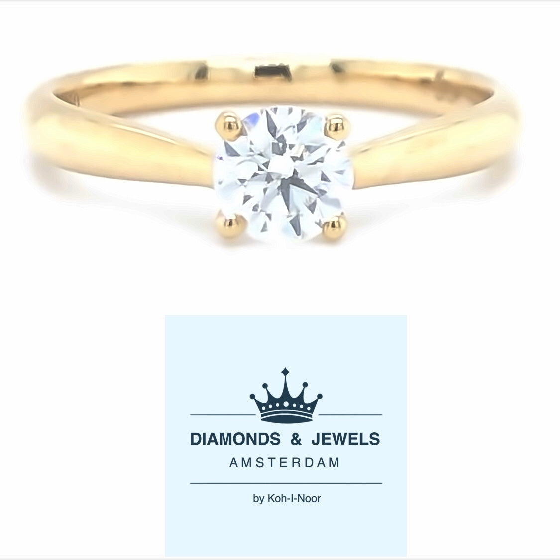 18 karaat geel gouden solitair ring van 2.79 gram en 1 tot 2 mm breed. Bezet met een GIA gecertificeerde briljant geslepen diamant van 0.50 crt Kleur: G Kwaliteit: SI1 Zetting: 5 mm Model: R 9883