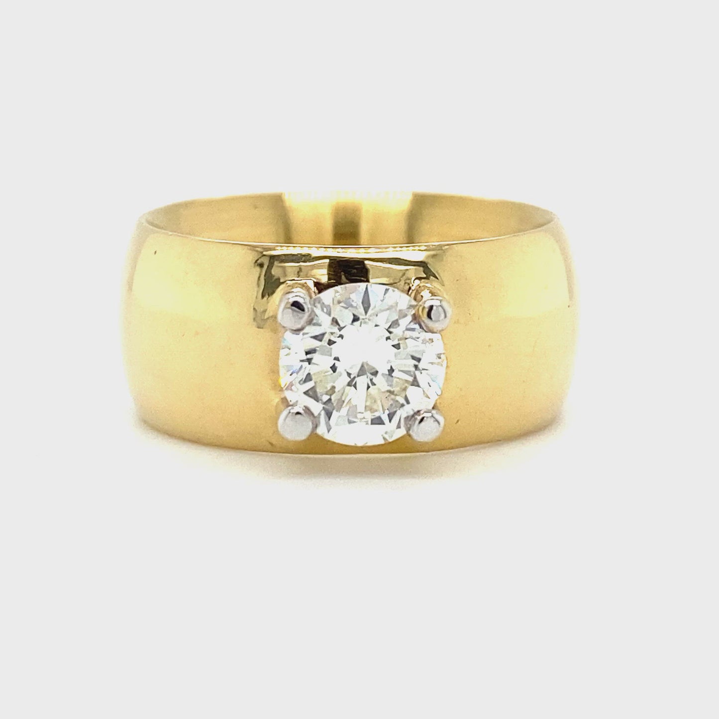 18krt geel gouden brede design ring met 1 briljant geslepen diamant van 1.3crt kleur g kwaliteit vvs2 maat 17/53 model r5855 €18.500