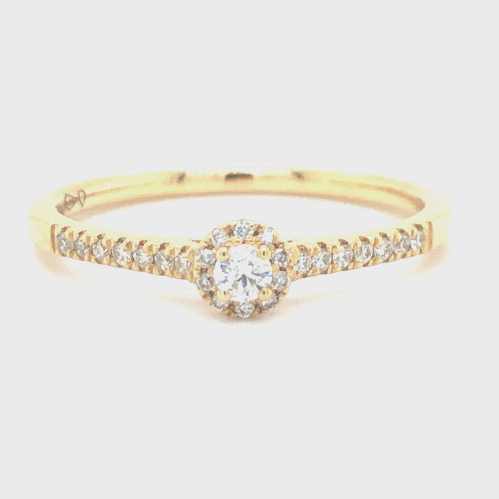 
                      
                        Laad en speel video in Galerijweergave, 18 karaat geel gouden halo rij ring van 2.15 gram en 2 mm breed. Bezet met 1 briljant geslepen diamant van 0.16 crt en meerdere kleinere diamanten met een totaal gewicht van 0.25 crt Kleur: Top Wesselton Kwaliteit: VS2 Zetting: 5mm Model R: 9927
                      
                    