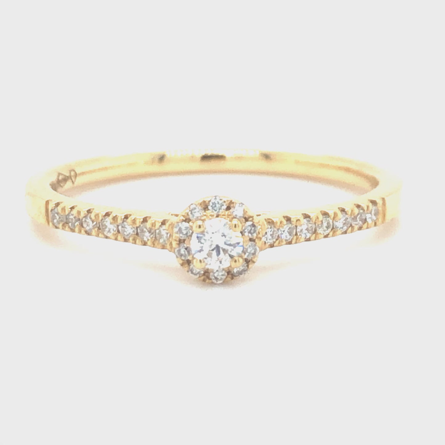 18 karaat geel gouden halo rij ring van 2.15 gram en 2 mm breed. Bezet met 1 briljant geslepen diamant van 0.16 crt en meerdere kleinere diamanten met een totaal gewicht van 0.25 crt Kleur: Top Wesselton Kwaliteit: VS2 Zetting: 5mm Model R: 9927