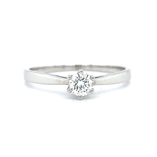 Witgouden solitair ring van 1.6 gram bezet met 1 briljant geslepen diamant van 0.20 crt kleur top wesselton kwaliteit vs Zetting: Ø 4.5 mm Model R 9292