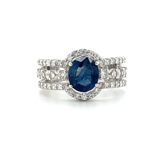 extravagante 18krt fantasie ring met 58 briljant geslepen diamanten met een totaalgewicht van 1.01 crt kleur h kwaliteit si en 1 saffier van 2.13crt maat 17/53 €1950
