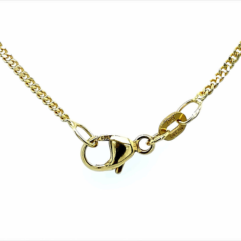 
                      
                        14 karaat geel gouden schakelketting die op drie verschillende lengtes te dragen is. Gewicht: 3.2 gram Lengte: 40-42-45 cm Dikte: 1.4 mm Schakel: Gourmet geslepen Model: C 2246
                      
                    