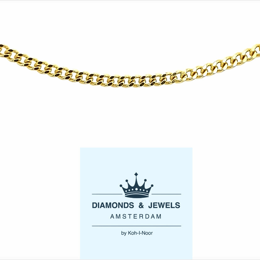 14 karaat geel gouden schakelketting met een dikte van 1.2 mm. Draagbaar op drie verschillende lengtes, 40, 42 en 45 cm. Gewicht: 2.3 gram Schakel: Gourmet geslepen Model: C 2249