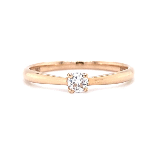 Rosé gouden 4-poots solitair ring van 1.6 gram. Bezet met 1 briljant geslepen diamant van 0.15 crt kleur top wesselton kwaliteit si1 zetting: 3.5 x 3.5 mm Model R 8182