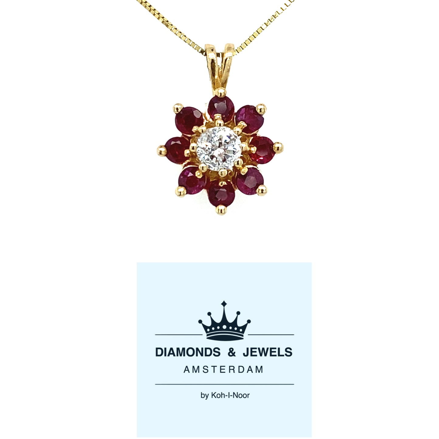 Geel gouden bloem rozet hanger van 2.6 gram. Bezet met 1 briljant geslepen diamant van 0.30crt kleur top wesselton kwaliteit piqué 1 en 8 robijnen met een totaalgewicht van 0.40 crt. Deze hanger heeft een afmeting van 28 x 13 mm. Model H 2118
