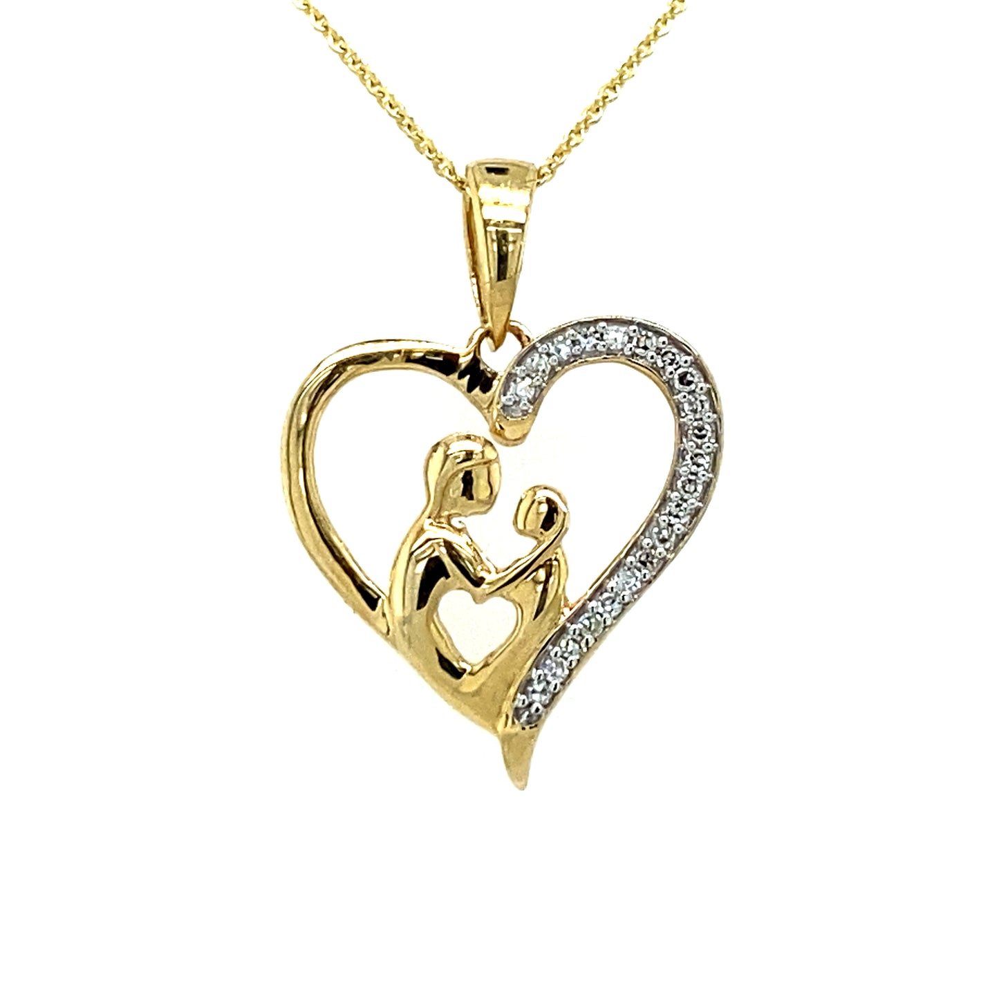 Geelgouden Moeder en Kind hanger van 1.38 gram, bezet met 21 briljant geslepen diamanten met een totaalgewicht van 0.05 crt Kleur: G Kwaliteit: VS1 Hanger: 21 x 14.5 mm Model H 2153