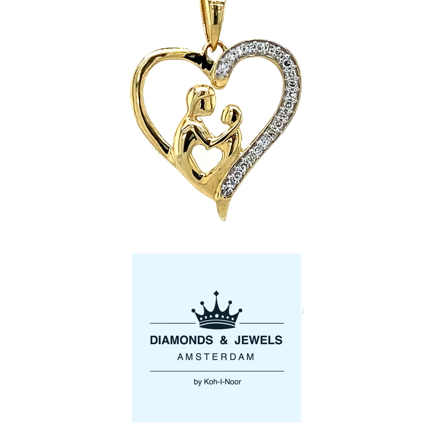 Geelgouden Moeder en Kind hanger van 1.38 gram, bezet met 21 briljant geslepen diamanten met een totaalgewicht van 0.05 crt Kleur: G Kwaliteit: VS1 Hanger: 21 x 14.5 mm Model H 2153