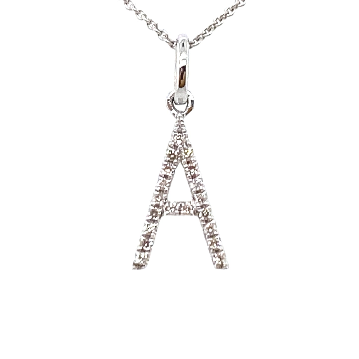 18 karaats Wit gouden diamanten letter A hanger van 0.34 gram. Bezet met 19 briljant geslepen diamanten met een totaalgewicht van 0.34 crt kleur g kwaliteit si Hanger: 14 x 6 mm Model H 2170