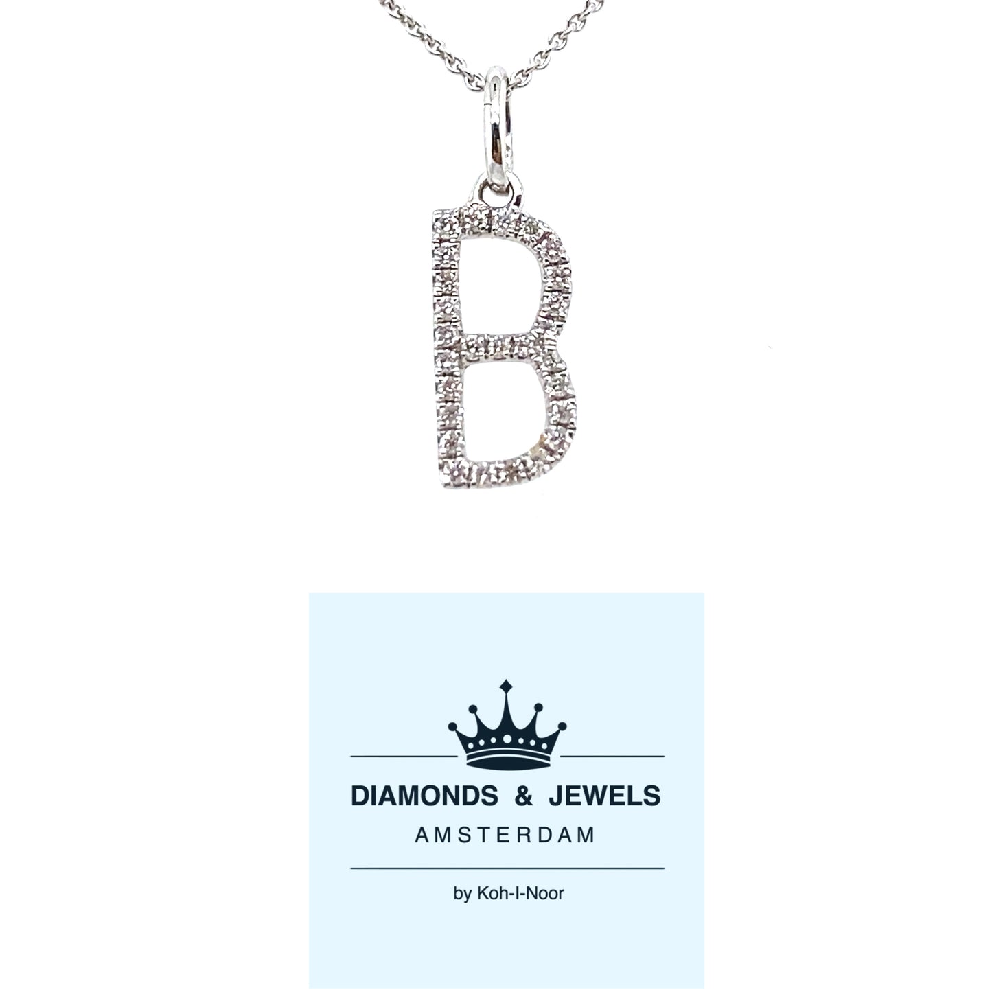 18 karaats witgouden letter b hanger van 0.44 gram. Bezet met 27 briljant geslepen diamanten met een totaalgewicht van 0.07 crt kleur G kwaliteit SI Hanger: 5 x 14 mm Model H 2171