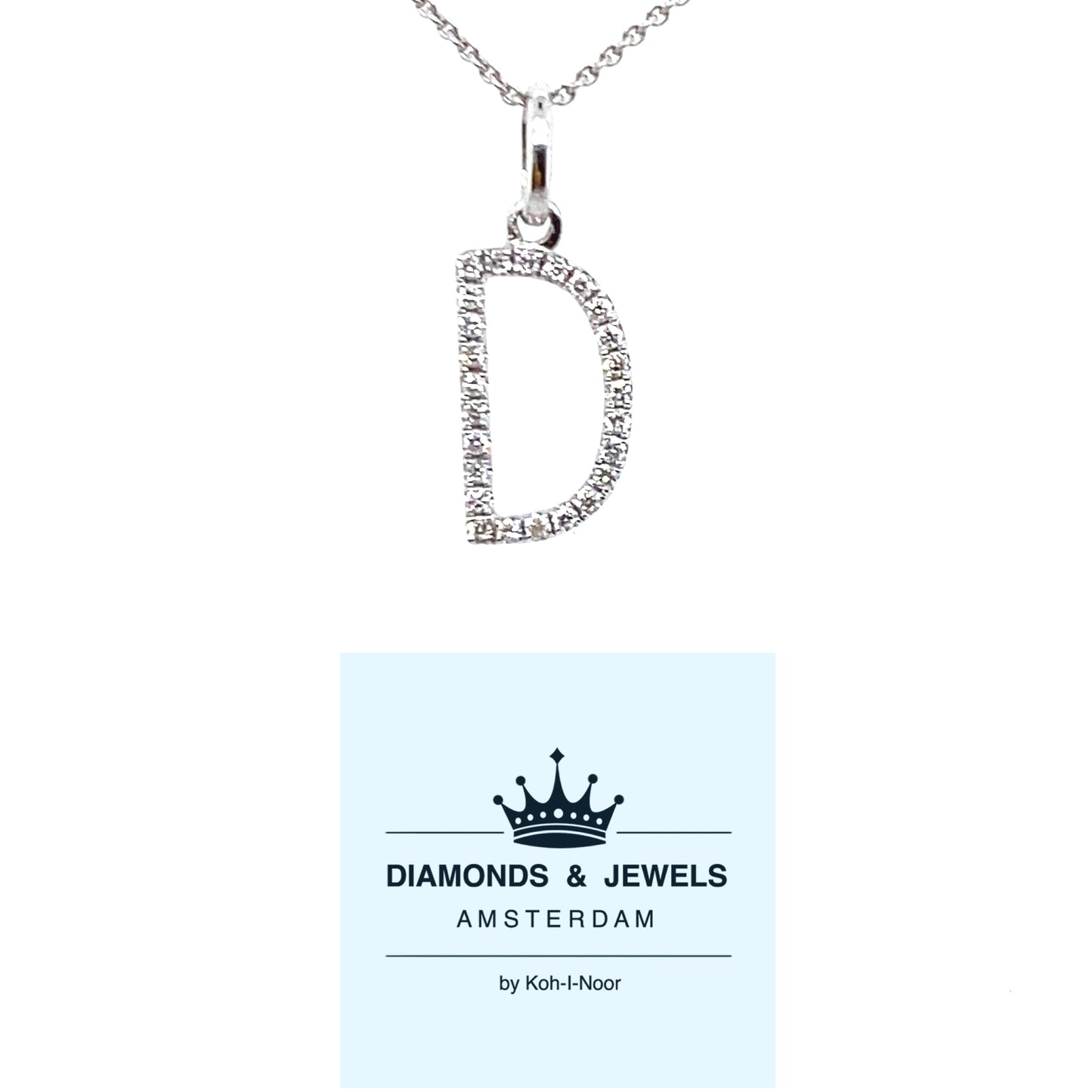 18 karaats witgouden letter d hanger van 0.36 gram. Bezet met 25 briljant geslepen diamanten met een totaalgewicht van 0.07 crt kleur g kwaliteit si Hanger: 14 x 6 mm Model H 2173