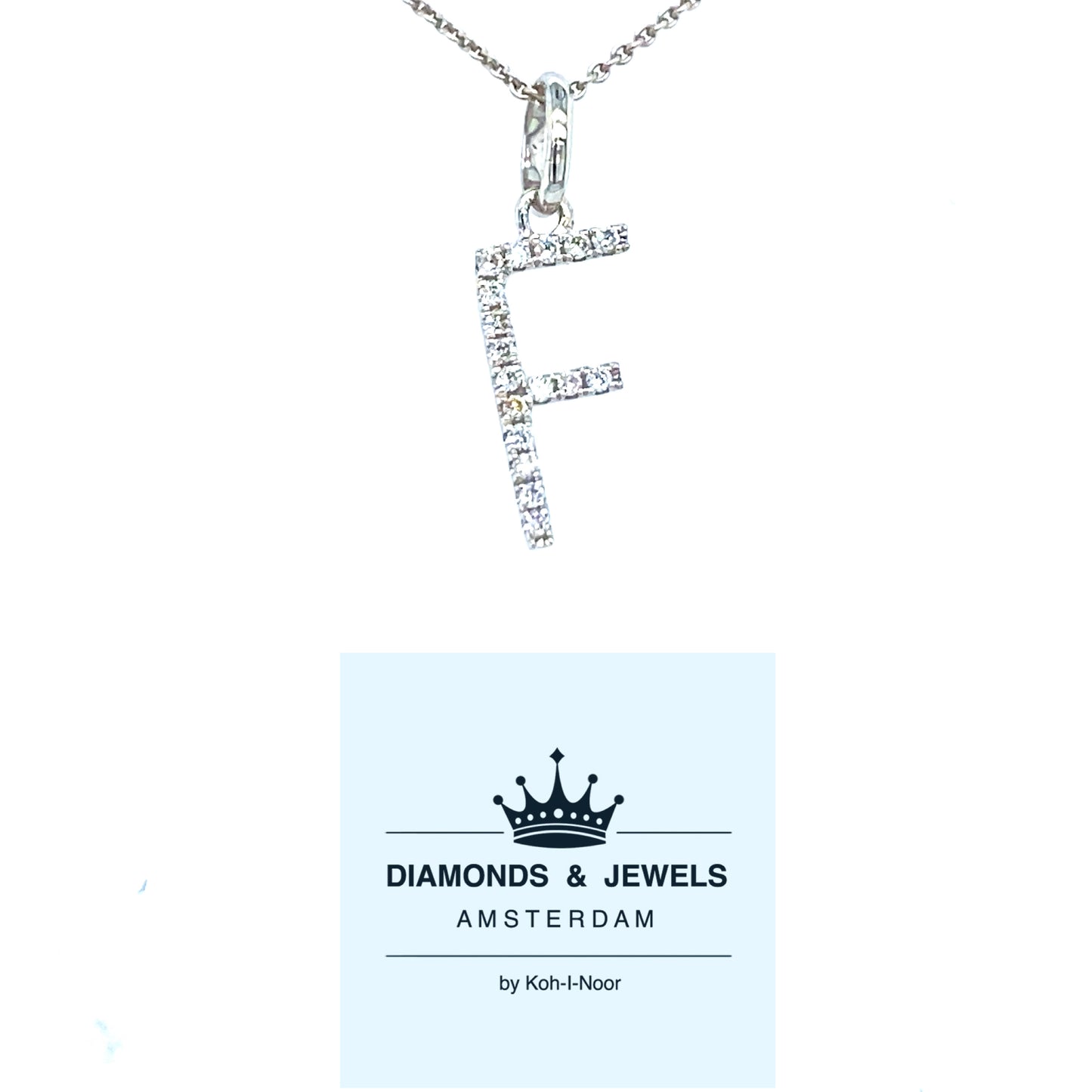 18 karaats witgouden letter hanger van 0.29 gram. Bezet met 17 briljant geslepen diamanten met een totaalgewicht van 0.05 crt kleur g kwaliteit si Hanger: 14 x 5 mm Model H 2175