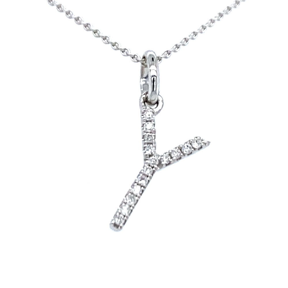 18 krt witgouden letter Y hanger van 0.3 gram. Bezet met 15 briljant geslepen diamanten met een totaalgewicht van 0.04 crt kleur g kwaliteit si Hanger: 15 x 6 mm Model H 2194