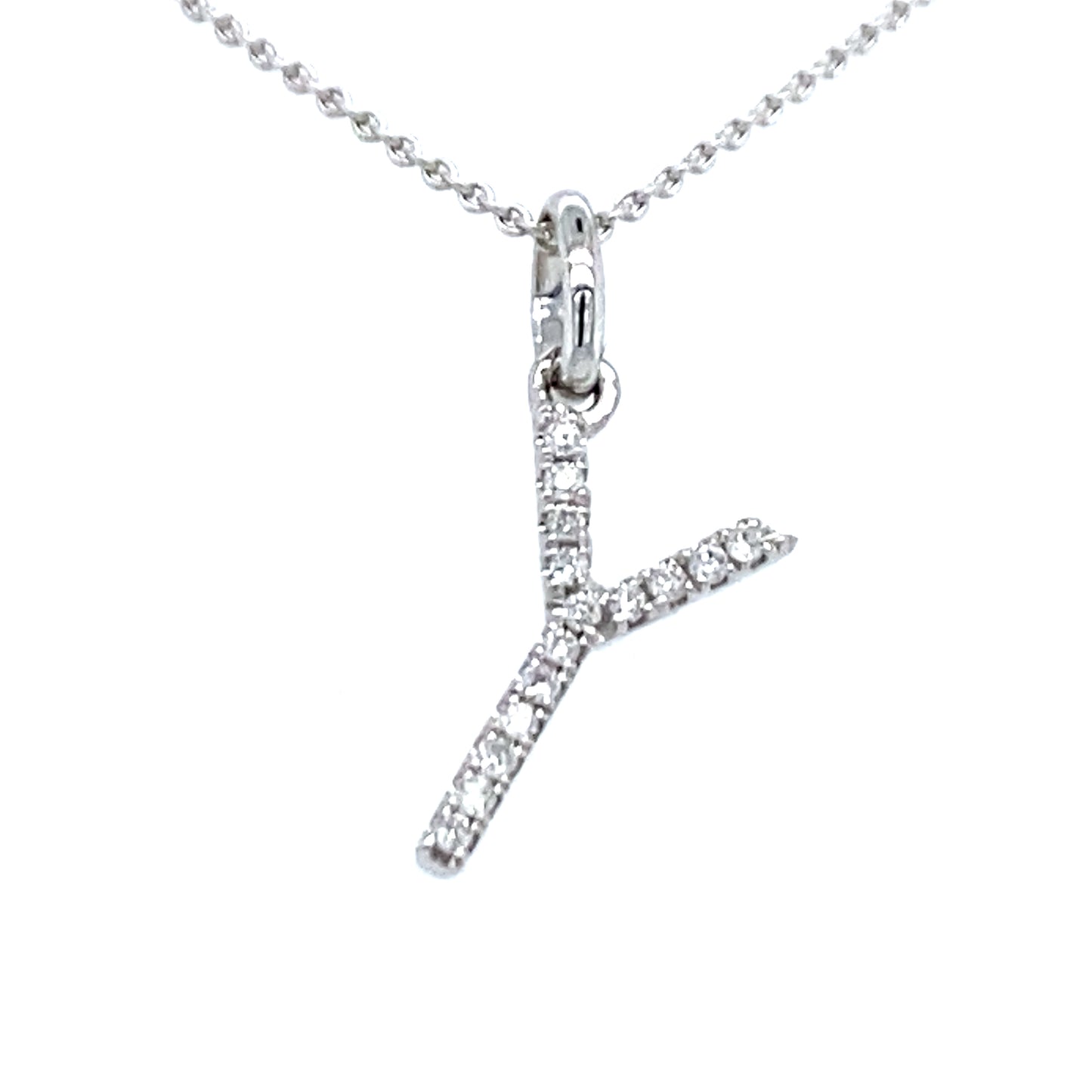 18 krt witgouden letter Y hanger van 0.3 gram. Bezet met 15 briljant geslepen diamanten met een totaalgewicht van 0.04 crt kleur g kwaliteit si Hanger: 15 x 6 mm Model H 2194