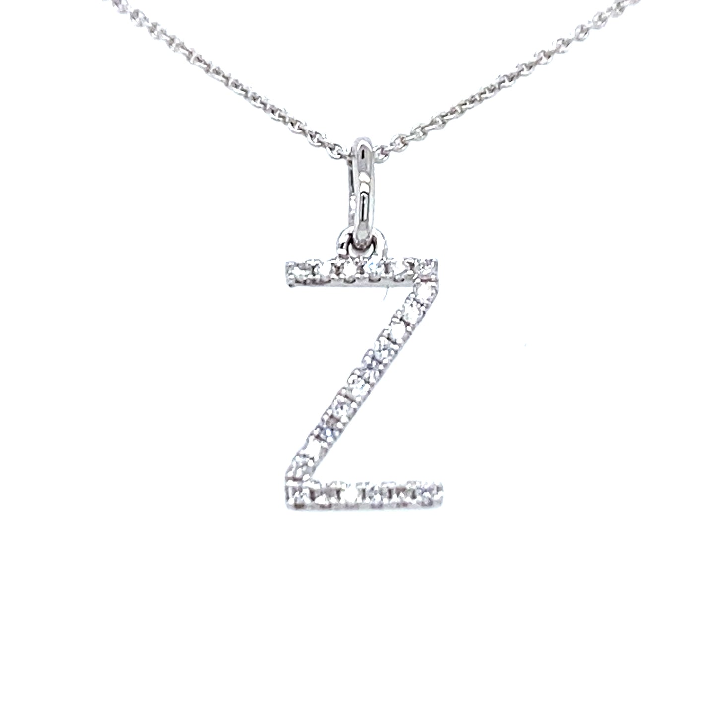 18 krt witgouden letter Z hanger van 0.32 gram. Bezet met 22 briljant geslepen diamanten met een totaalgewicht van 0.06 crt kleur g kwaliteit si Hanger: 15 x 6 mm Model H 2195