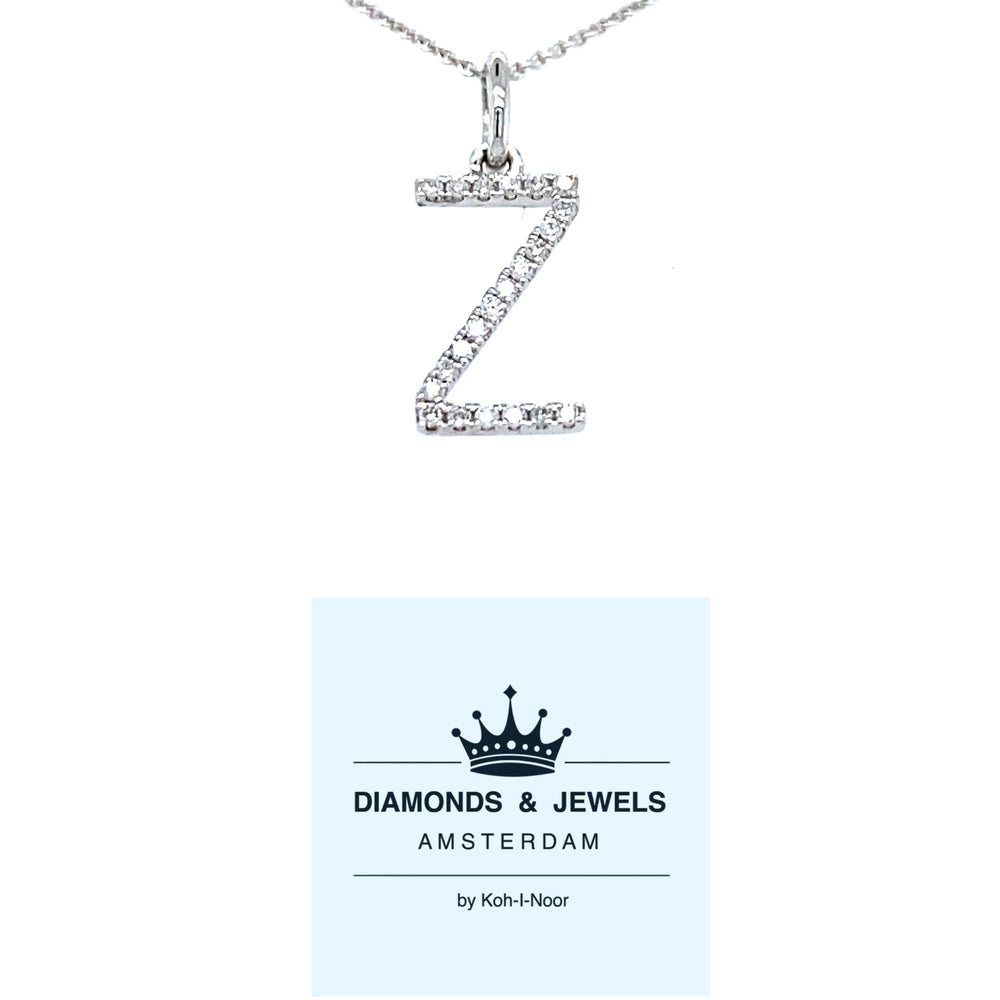 18 krt witgouden letter Z hanger van 0.32 gram. Bezet met 22 briljant geslepen diamanten met een totaalgewicht van 0.06 crt kleur g kwaliteit si Hanger: 15 x 6 mm Model H 2195