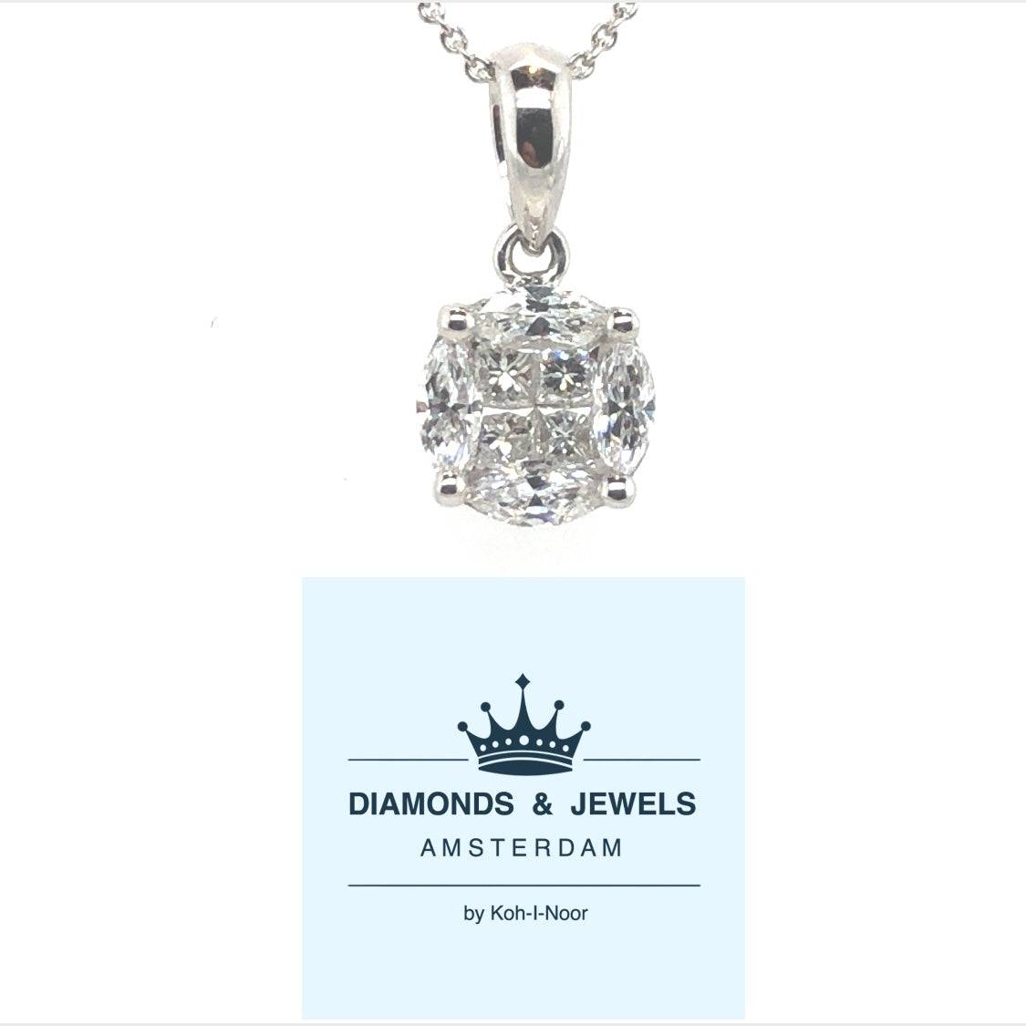 18 karaat witgouden hanger van 0.6 gram en 13 x 7 mm breed. Bezet met 4 prinses geslepen diamanten met een totaalgewicht van 0.11 crt en 4 marquise geslepen diamanten met een totaalgewicht van 0.21 crt Kleur: Top Wesselton Kwaliteit: VS Zetting: Ø 6 mm Model: H 2213