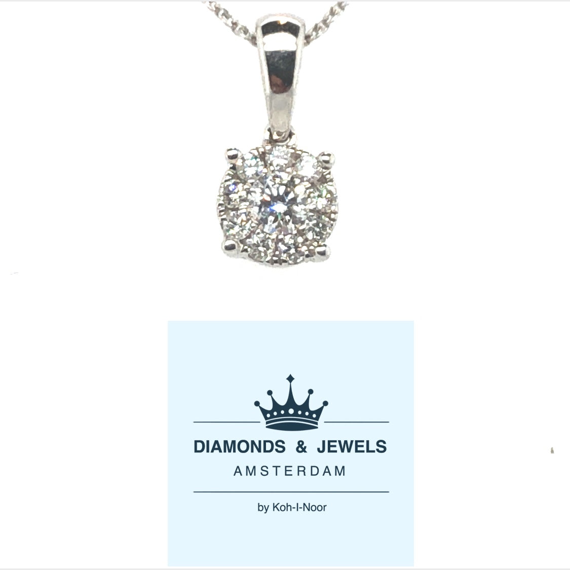 18 karaat wit gouden hanger van 0.4 gram en 5 x 11 mm breed. Bezet met 1 briljant geslepen diamant van 0.09 crt en 9 briljant geslepen diamanten met een totaalgewicht van 0.07 crt Kleur: Top Wesselton Kwaliteit: VS Zetting: Ø 5 mm Model: H 2226
