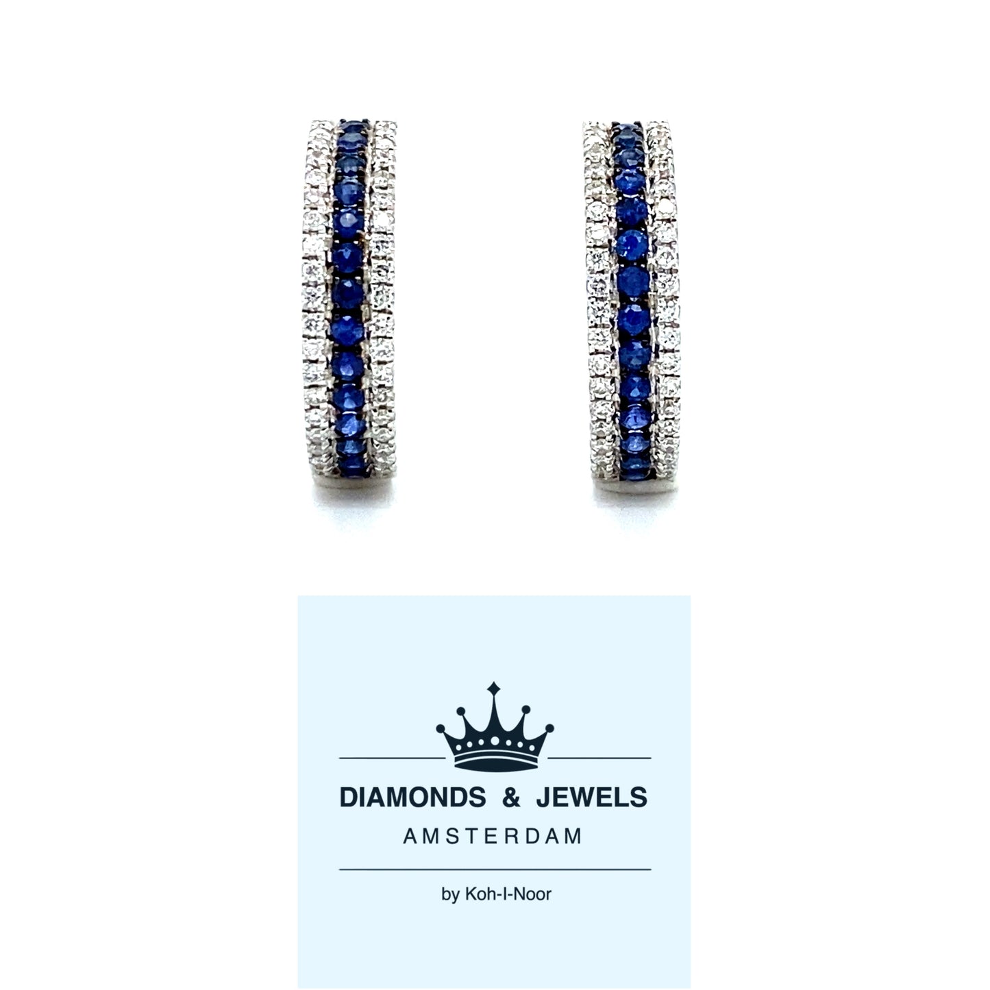 18 karaats witgouden halve creool oorbellen 80 briljant geslepen diamanten 0.22crt kleur Top wesselton kwaliteit vs2 en 28 saffieren 0.31crt 15x4mm model o3837