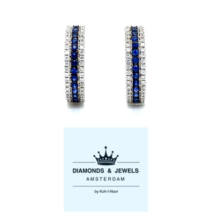 18 karaats witgouden halve creool oorbellen 80 briljant geslepen diamanten 0.22crt kleur Top wesselton kwaliteit vs2 en 28 saffieren 0.31crt 15x4mm model o3837