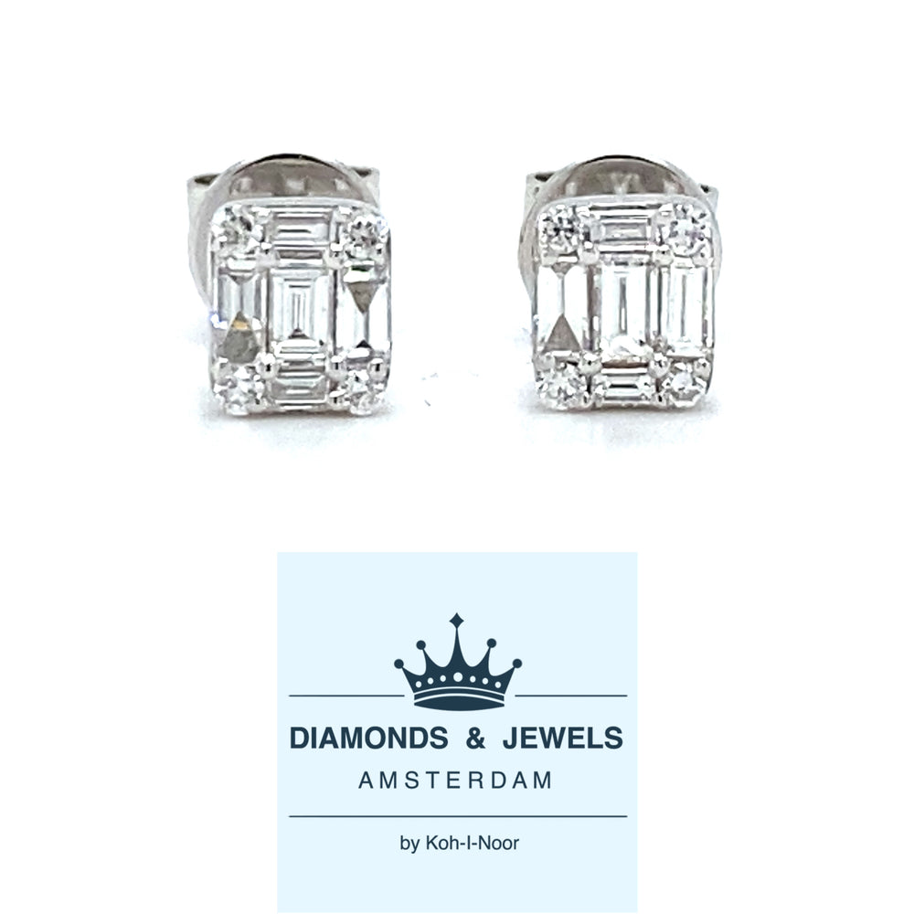 18krt witgouden rechthoekige oorknoppen met briljant en baquette geslepen diamanten van 0.23crt